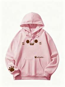 Cute Cartoon Face & Cat Paw Print Drawstring Sweatshirt, Casual Loose Kangaroo Pocket Pullover Sweatshirt, Women's - Pink - View 2