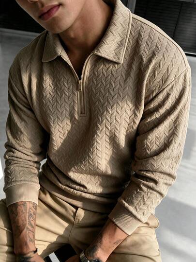 Solid Color Half-Zip Long Sleeve Polo Shirt For Men, Textured Casual Daily Commute Long Sleeve Top