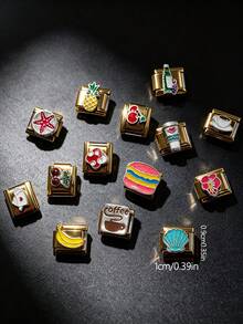 1/5pcs Cute Enamel Fruit Food Series Module Charm, Stainless Steel DIY Bracelet Spacer Bead/Watch Band / Watch Strap Decoration - Gold - View 4