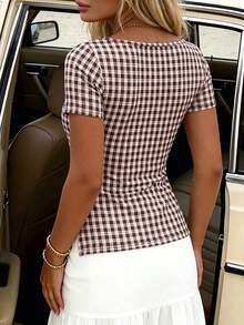 Spring/Summer Brown & White Plaid Heart Neck Split Short Blouse, Vintage Slim Fit, Versatile Casual Top For Office, Date, Daily Wear, Autumn Must-Have - Multicolor - View 8