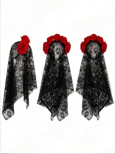 1pc Dark Gothic Style Artificial Red Rose Lace Veil Headband, Halloween Day Of The Dead Cosplay Veil, Gothic Party Hair Accessory