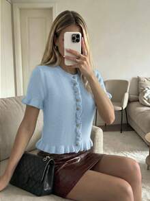 Women's Spring/Autumn Loose Vintage Fashion Short Sleeve Knit Cardigan, With Ruffle Design And Metal Buttons, Elegant Soft Sweater - Blue - View 9