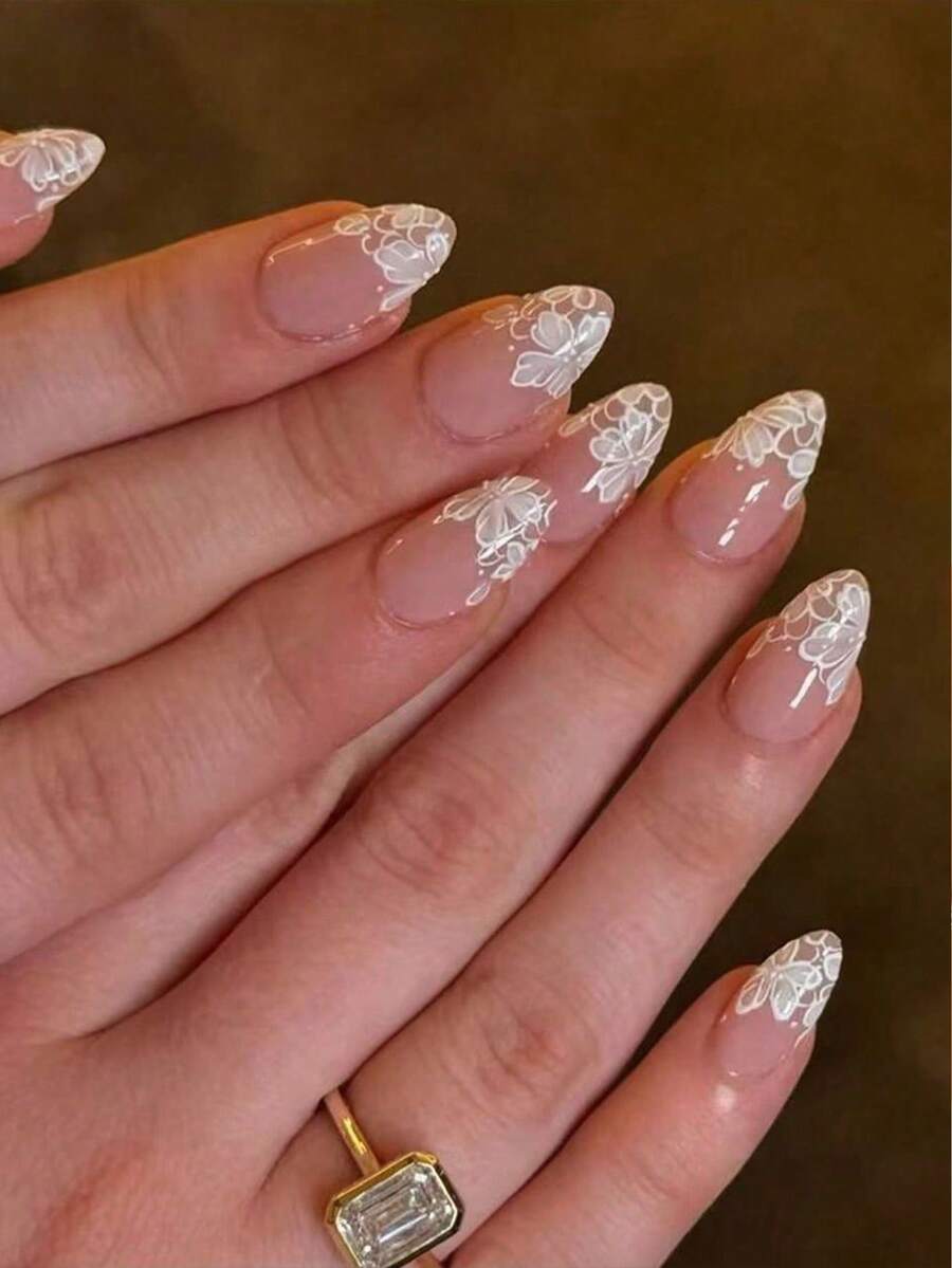 30片短杏仁形白色法式穿戴甲，3D浮雕印花蕾絲花卉法式設計，壓克力假指甲套組，含1片果凍膠與1片指甲锉 - 白色 - 查看 1