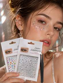 2Pcs 3D Iridescent Colorful Crystal Diamond Face Rhinestone Stickers Multi-Shape Star Moon Face Jewels, Self‑Adhesive Glitter Eye Face Body Decor Stickers For Rave Music Festival Party - Multicolor - View 2