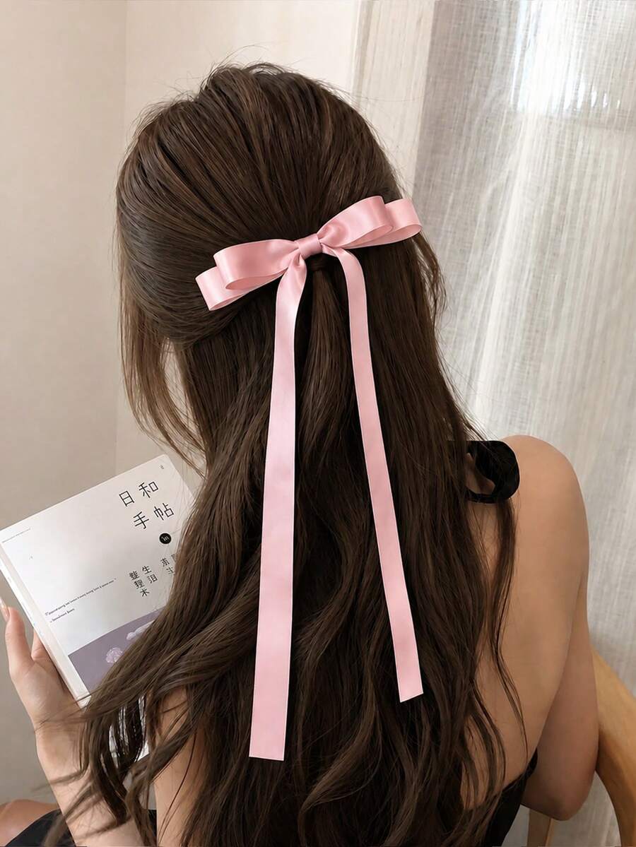 1件裝粉色緞面蝴蝶結髮夾,女款長緞帶蝴蝶結髮夾,適合日常配戴、婚禮派對復古髮飾 - 粉色 - 查看 1