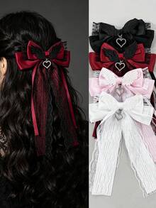 1pc Gothic Lolita Style Bow Hair Clip With Angel Wings Design, Heart Rhinestone Pendant, Long Lace Draping Ribbon, Girly Aesthetic Accessory For Anime Convention, Outing, Photo Shoot, Back Of Head Hair Ornament - Multicolor - View 1