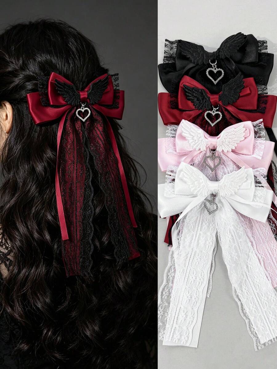 1pc Gothic Lolita Style Bow Hair Clip With Angel Wings Design, Heart Rhinestone Pendant, Long Lace Draping Ribbon, Girly Aesthetic Accessory For Anime Convention, Outing, Photo Shoot, Back Of Head Hair Ornament - Multicolor - View 1