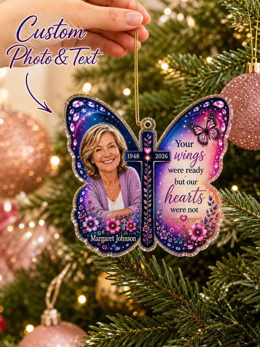1pc Personalized Memorial Photo Butterfly Ornament, Custom Name & Dates Acrylic Christmas Ornament With Picture, In Memory Of Loved One Sympathy Gift,Christmas Tree Decor,Christm Gift - Multicolor - View 1