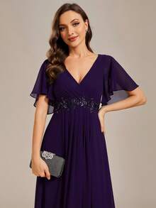 EVERPRETTY Autumn Elegant Formal Purple Wedding Guest V-Neck Ruffle Short Sleeve Applique Decorated Chiffon Maxi Dress Mother Of The Bride - Purple - View 2