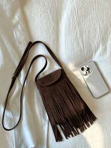 Bohemian Minimalist Personalized Vintage Double-Sided Tassel Crossbody Shoulder Bag Matte Finish - Coffee - View 5