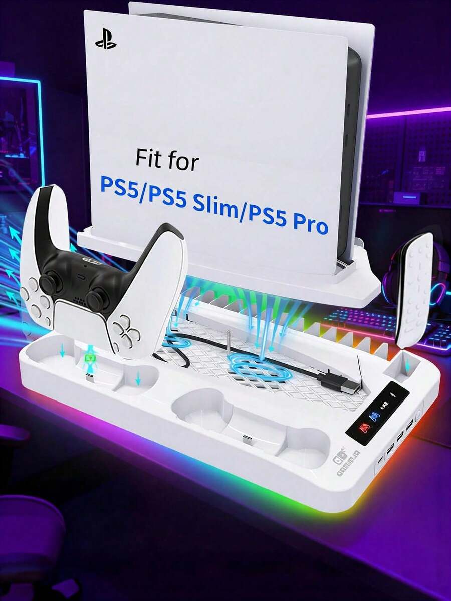 GAMINJA Kühlständer mit RGB-Lampe für CD/Digitale Bearbeitungskonsole, inklusive Doppel-Ladestation für Controller, Kühlventilator, Fernbedienung/CD-Aufbewahrung, USB-Hub und Kopfhörerhalter - Verbesserte Version-weiß - Übersicht 1