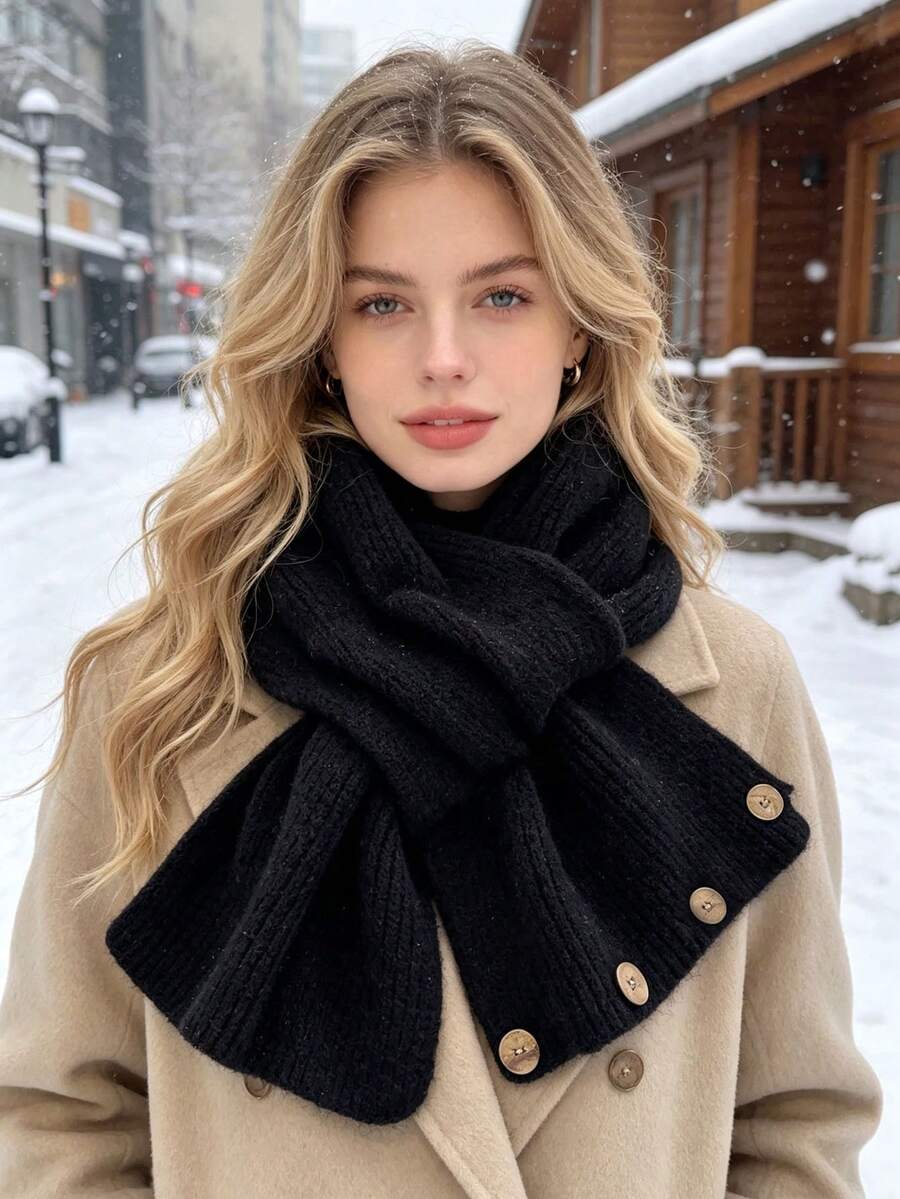 1pc Women's Short Cross-Knit Scarf, Colorblock Neck Warmer, Winter Warm Button Neck Scarf, Solid Color Simple Casual Versatile Neck Warmer - Multicolor - View 1