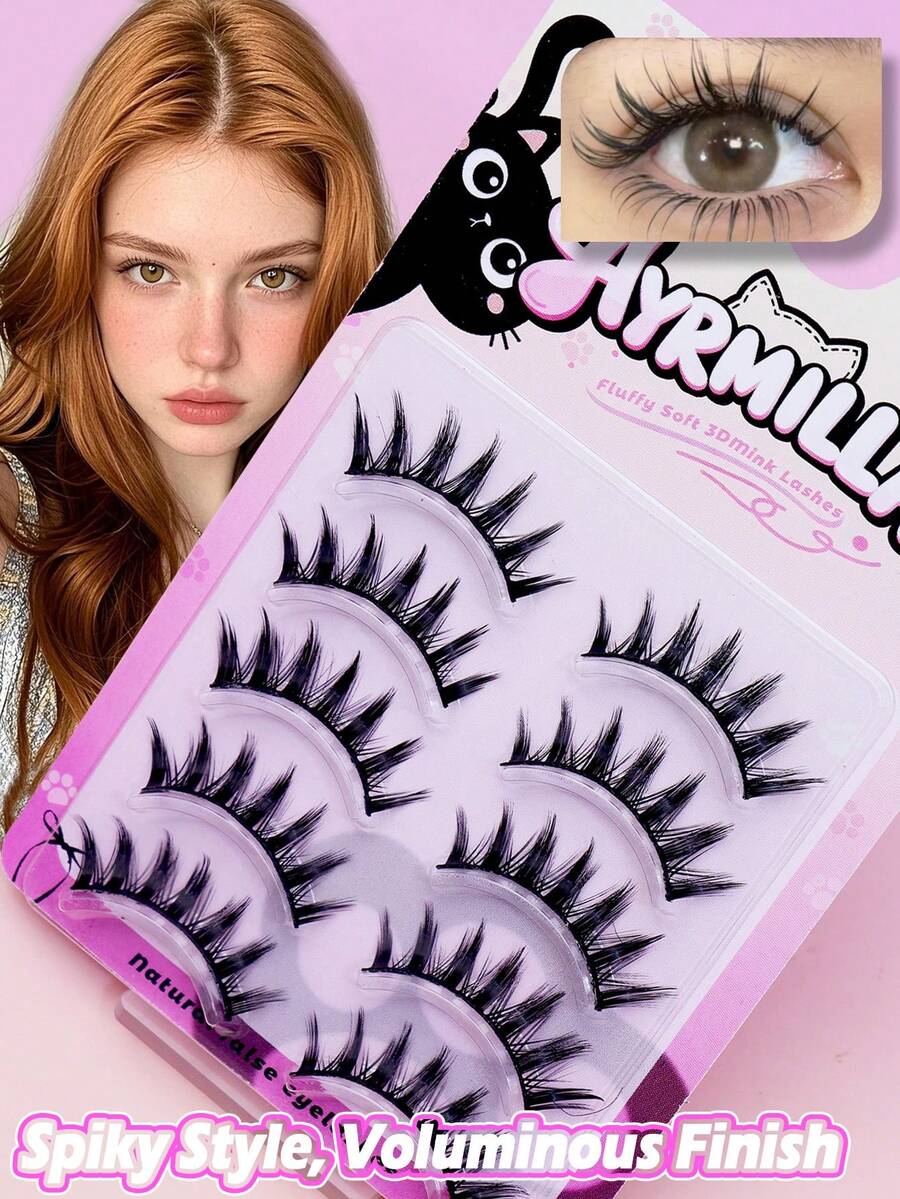 5 Pairs Spiky Strip False Eyelashes, Handmade Pointed 3D Fluffy Faux Mink Full Strip Lashes, Lightweight Comfortable Transparent Invisible Lash Band, Reusable Voluminous Dramatic Full Strip Lashes, Eye-Catching Spiky Full Strip Lashes For Daily Makeup - Black - View 1