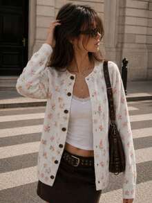 Women Cream Cute Floral Graphic Knit Cardigan, Button Front Long Sleeve Layering Sweater, Soft Cozy Casual Fall Winter Top, Going Out Dating Outfit - Creamy White - View 3