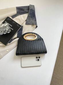 Fashion PU Woven Texture Design Shell Bag, Minimalist Style, Clutch Bag, Phone Storage Bag. Suitable For Women's Fashion Clutch Bag, Woven Texture Handbag For Women In Autumn/Winter, Also Suitable For Wedding Occasions. - Black - View 6