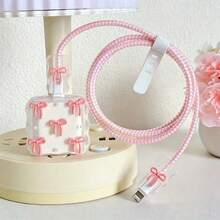 小淡粉色蝴蝶結與白色珍珠設計手機充電器套組 20W/18W，充電線保護套，充電頭保護殼，相容於 Apple 13/16/15/14 充電器保護殼，絕佳禮物選擇 - 粉色 - 查看 5