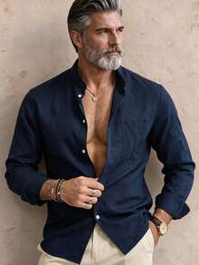 GOLDREDY Men's Stand Collar Linen Long Sleeve Shirt, Vintage Loose Casual Open Front Chinese Style Breathable Solid Color Top - Navy Blue - View 2
