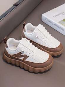 1 Pair Kids All-Season Colorblock Patchwork Thick Sole Slip-On Sneakers, Wavy Non-Slip Breathable Mesh Casual Sports Shoes - Brown - View 8