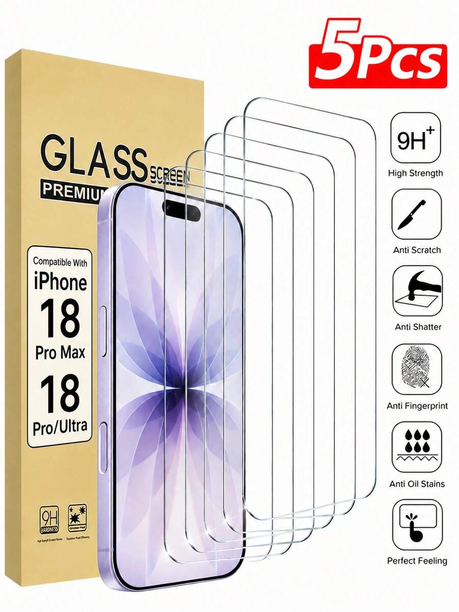 鋼化玻璃螢幕保護貼,適用於 iPhone Duo/18ProMax/18 Pro/17/17 Pro/17 Pro Max/17 Air/16/16 Plus/16 Pro/16 Pro Max/15/14/13/12/11/X/XR/XS/8/7 系列,高清透明全螢幕覆蓋玻璃膜,9H 硬度防刮防指紋無氣泡易安裝,相容手機殼螢幕保護配件 - 5pcs - 查看 1
