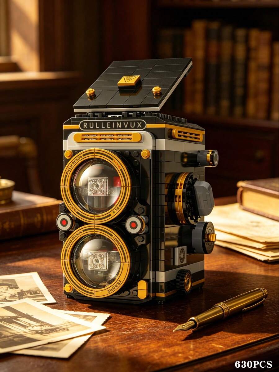 630PCS Vintage TLR Camera Building Set, Classic Double-Lens Single-Frame Camera Model Set, Black And Gold Vintage Camera Reproduction Version, Transparent Lens Cover And Flip-Over Cover Design, A Unique Creative Gift For Photography Enthusiasts - No Box - View 1