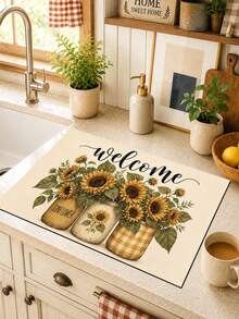 1pc Sunflower Pattern Printed Diatomaceous Earth Kitchen Dish Drying Mat, Absorbent Dish Drying Mat, Coffee Machine Mat, Dishwashing Mat, Sink Mat, Kitchen Countertop Protector, Suitable For Cups, Plates, Tableware And Kitchen Decor - Multicolor - View 1