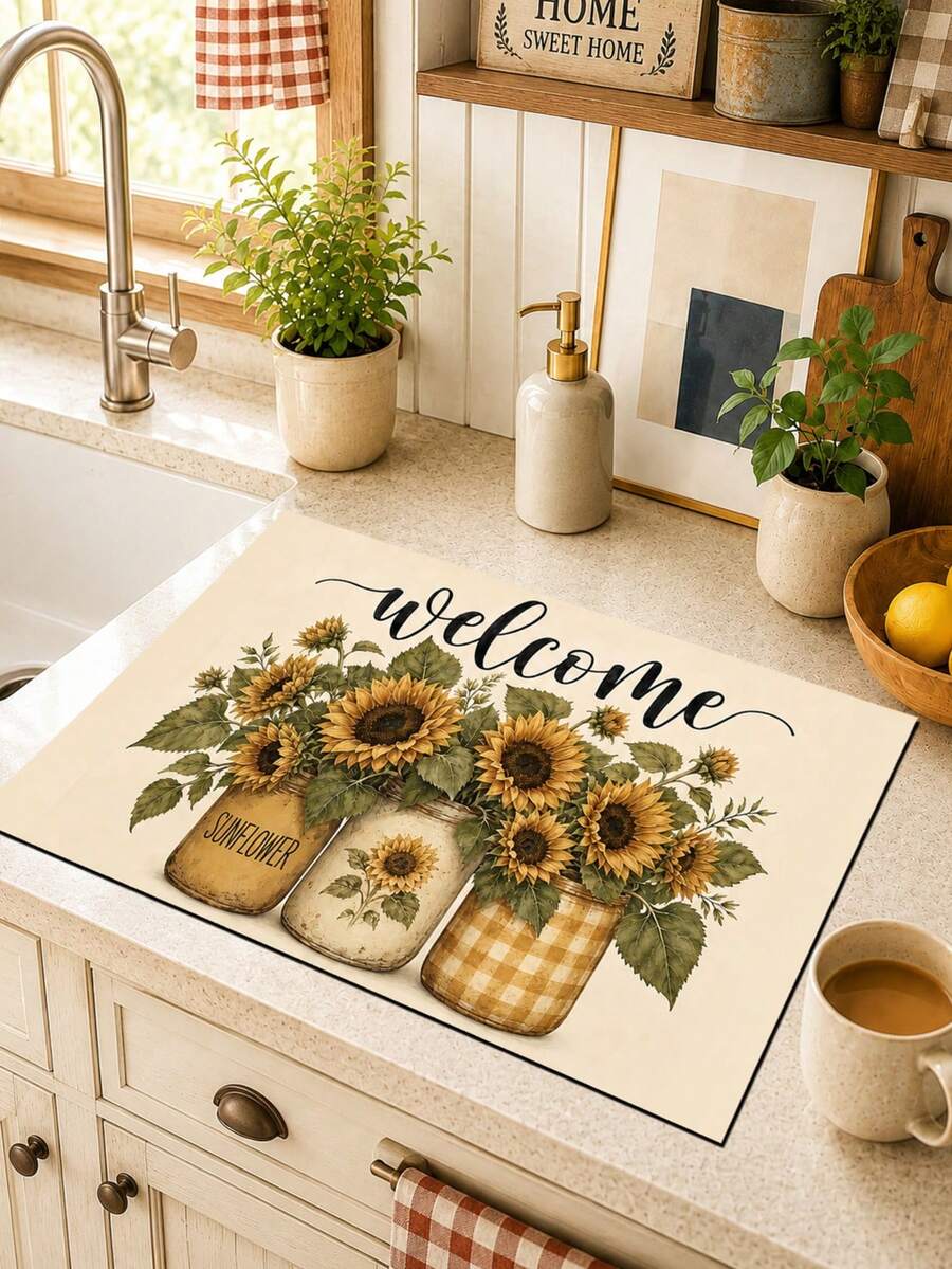 1pc Sunflower Pattern Printed Diatomaceous Earth Kitchen Dish Drying Mat, Absorbent Dish Drying Mat, Coffee Machine Mat, Dishwashing Mat, Sink Mat, Kitchen Countertop Protector, Suitable For Cups, Plates, Tableware And Kitchen Decor - Multicolor - View 1