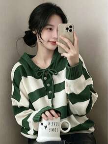 YCYC Sweater Berkerudung Lengan Panjang Bergaris Longgar Gaya Korea Terbaru untuk Wanita - Hijau - View 1