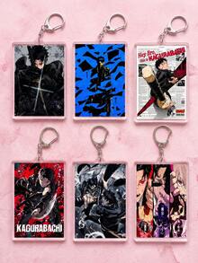 1Pc/6Pcs Kagurabachi Themed Acrylic Keychains, Featuring Katana Cross Light Effect, Blue Fragment Silhouette, Newspaper Cover, Red Background Logo, Intense Battle And Triple Demon Blade Close-Up Designs, Fashionable Bag Charm, Suitable For: Back To School, Gift For Anime Fans, Exquisite Collection, All Season Use. - Multicolor - View 2