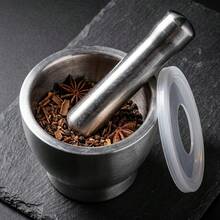 2PCS 304 Stainless Steel Mortar And Pestle Set, Multifunctional Pepper Grinder Garlic Masher Spice Crusher, Pill Medicine Crushing Jar, Manual Press Squeezer, Anti-Slip & Splash Proof, Must-Have For Home Kitchen Outdoor Camping - Silver White - View 6