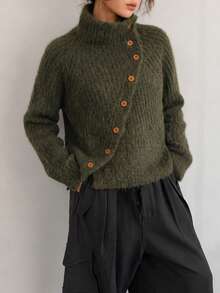 Jaket Kardigan Rajut Depan Asimetris Minimalis Kasual Musim Gugur/Dingin Wanita - Dark Green - View 4