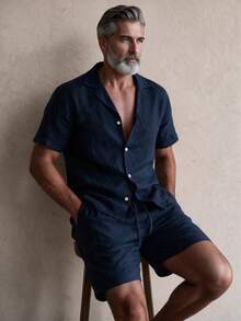 GOLDREDY Men's Fashion Retro Linen-Textured Fabric Lapel Collar Short Sleeve Shirt And Matching Shorts Set - Navy Blue - View 2