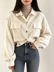 YUXIN Women's Cream Corduroy Shacket Cropped Collared Button Up Chest Pockets Oversized Long Sleeve Retro Casual Jacket For Fall Winter Layering - Apricot - View 5
