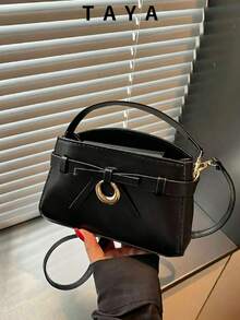 Women's Elegant Bow Decor Multi-Function Crossbody Bag, Faux PU Leather With Gold Metal Ring Accent, Fashion Classic Handbag, Suitable For Daily, Dating, Party - Black - View 2