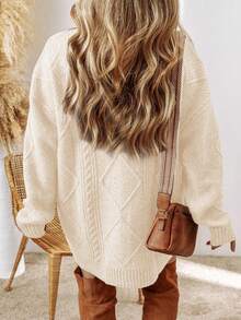 Acelitt Autumn/Winter Plus Size Women's Solid Color Knit Textured Cold Shoulder Plus Size Sweater Dress - Apricot - View 3