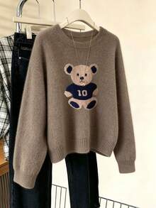 Women's New Round Neck Long Sleeve Sweater, Cute Bear Print, Fashion Casual Knit Style, Suitable For Daily Commute - Earth Gray - View 3