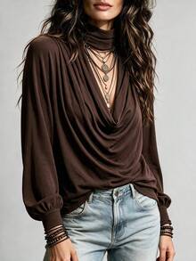 Women's Elegant Long Sleeve Top, Women's Autumn/Winter Clothing Outfit, Knitted Drape Design Loose Top, Halloween Thanksgiving Back To School Outfit, Women's Formal Office Commute Outfit, Sexy Night Outfit - Brown - View 8