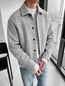 GloMan Old Money Style Men's Grey Wool Blend Button Side Pocket Loose Fit Jacket Coat, Warm For Autumn/Winter, Suitable For Commuting, Dating, Gathering, Party, Perfect For Husband/Father - Grey - View 1