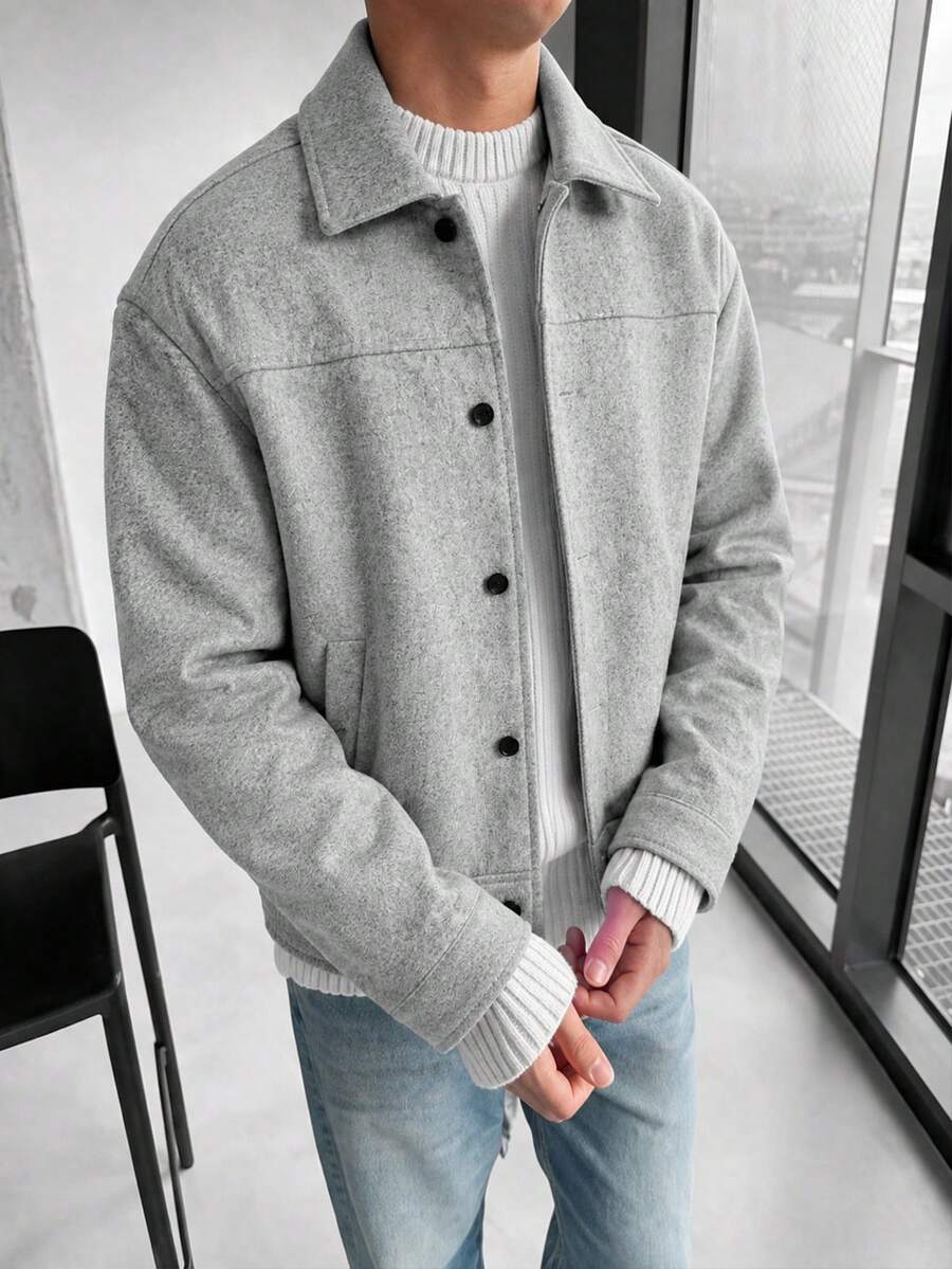 GloMan Old Money Style Men's Grey Wool Blend Button Side Pocket Loose Fit Jacket Coat, Warm For Autumn/Winter, Suitable For Commuting, Dating, Gathering, Party, Perfect For Husband/Father - Grey - View 1