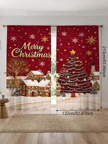 2Pcs Burgundy Christmas Town Snow Scene Gold Snowflake Christmas Tree Merry Christmas Print Pattern Curtains, Semi-Sheer Rod Pocket Holiday Window Decor, Suitable For Living Room And Bedroom, Rod Not Included - Scenery - View 11