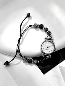 1pc Women's Silver-Tone Beaded Bracelet Watch, Ink-Texture Round Bead Woven Adjustable Strap, Minimalist Round Digital Quartz Dial, Industrial Niche Design Silver Jewelry Set, Suitable For Summer Daily, Graduation Party, Commute And Other Occasions, Exquisite Texture Women's Accessory, Perfect Gift For Graduation, Holiday, Girls And Women - Multicolor - View 4