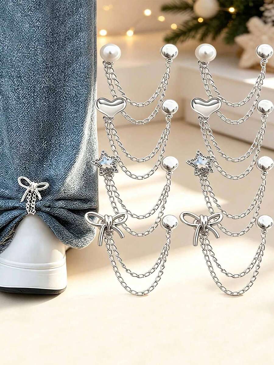 1/4/8pcs Multi-Function Clothing Clips, Metal Star Heart Bow Design, Shirt Hem Clips, Cute Decorative Pants Leg Clips, Clothing Accessories Chain Clips - Multicolor - View 1