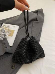 Dedoo Women Bucket Evening Handbag, Solid Sparkle Pattern, Silver Rhinestone Mesh Fabric,Glam Luxe Style, Wedding Banquet Party Purse For Ladies All Seasons - Black - View 3