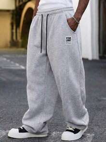 Men's Grey Drawstring Straight Leg Sweatpants, Square Fabric Patchwork Decor, Elastic Waist With Double Drawstring Design, Minimalist Daily Commute Long Pants - Light Grey - View 3