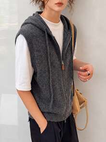 Women's Autumn/Winter Minimalist Hooded Zip-Up Cardigan Vest - Dark Grey - View 3