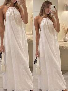 Women's Elegant White Spaghetti Strap Lace-Up A-Line Dress, Linen Fabric Summer - White - View 2