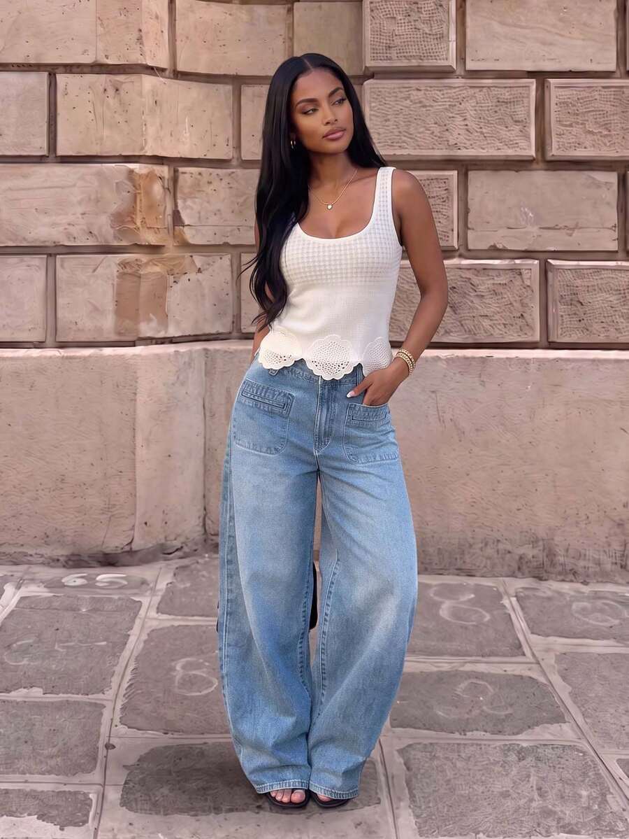 Low Waist Women's Front Button Pocket Distressed Simple Casual Denim - Blue Day - View 1