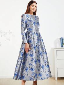 DEVCHATA Elegant Heavy Embroidery Jacquard Long Sleeve Dress For Party And Formal Evening Events - Dusty Blue - View 6