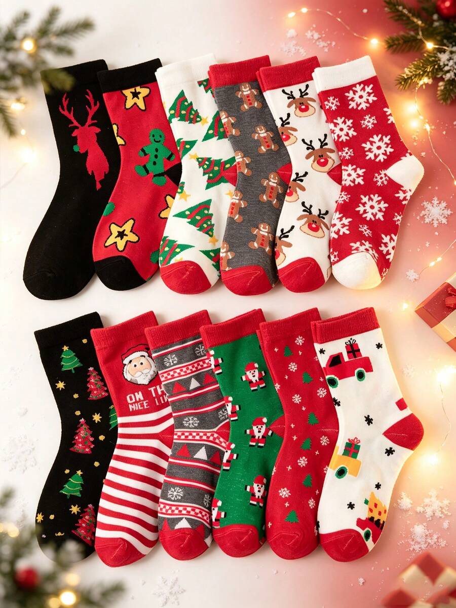 Set 10 Pasang Kaos Kaki Liburan Natal, Pohon Natal, Rusa Kutub, Kaos Kaki Kartun Santa Claus Setinggi Betis, Kaos Kaki Hadiah Liburan Meriah dan Serbaguna untuk Musim Gugur/Dingin - MultiWarna - View 1