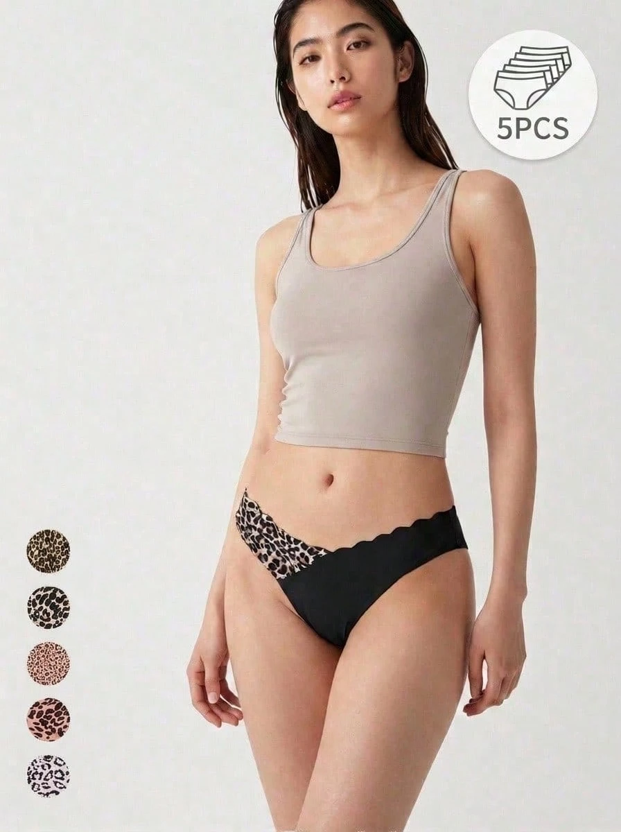 Mystèrelle 5pcs Seamless Scallop Design Women Underwear, Comfortable Contrast Color Thong Panties, Leopard Print & Silk-Like Fabric