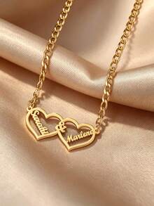 [ZzAi Custom] 2 Names Necklace For Women Stone Zirconia Heart Stainless Steel Jewelry Choker Chain Personalized Birthday Gift - Double Heart Style - View 15
